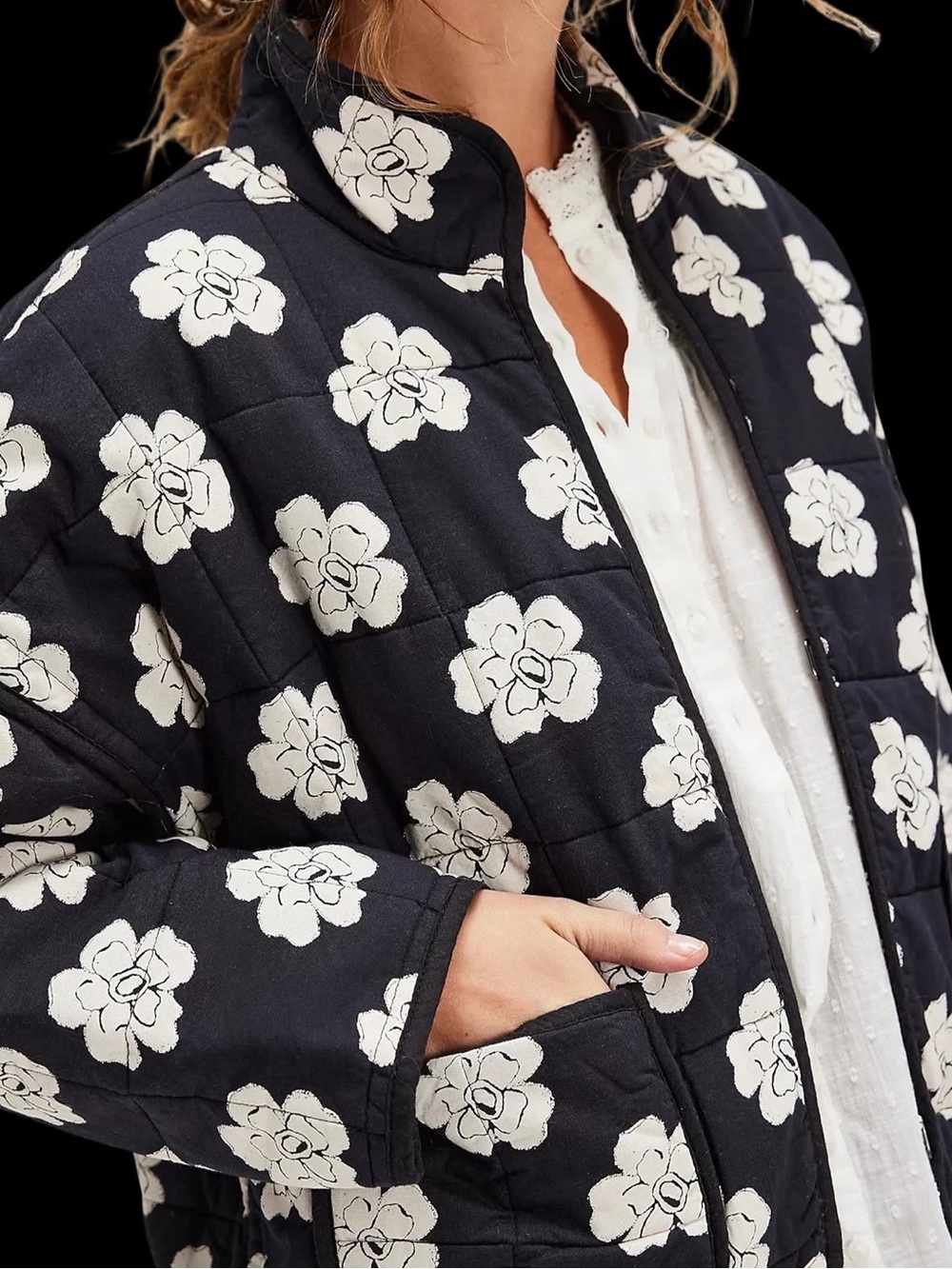 Free People Chloe Quilted Floral Puffer Jacket - Black & Cream